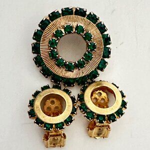 Vintage Gold-Tone Green Rhinestone Clip-On Earrings & Brooch Set